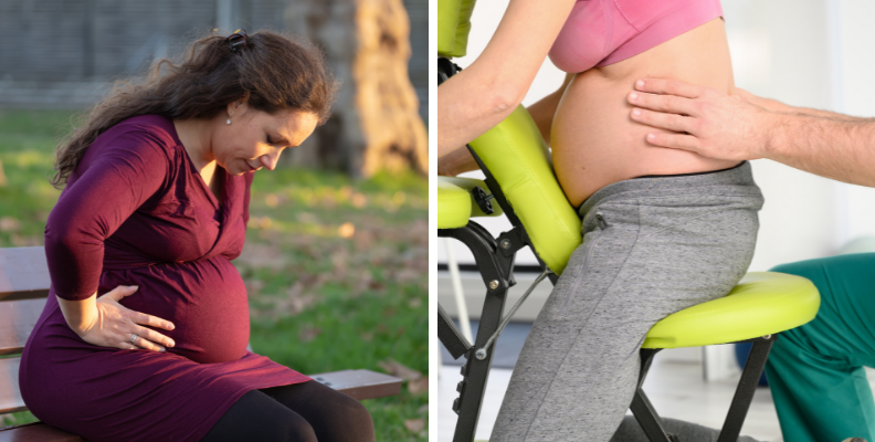 Gravid kvinna med foglossning på parkbänk