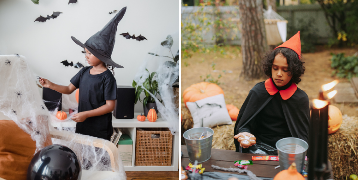 Tvådelad bild med barn utklädda i halloweenkläder. 