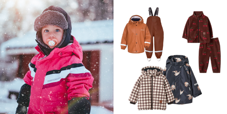 Barn med snöig bakgrund och ytterkläder för barn.